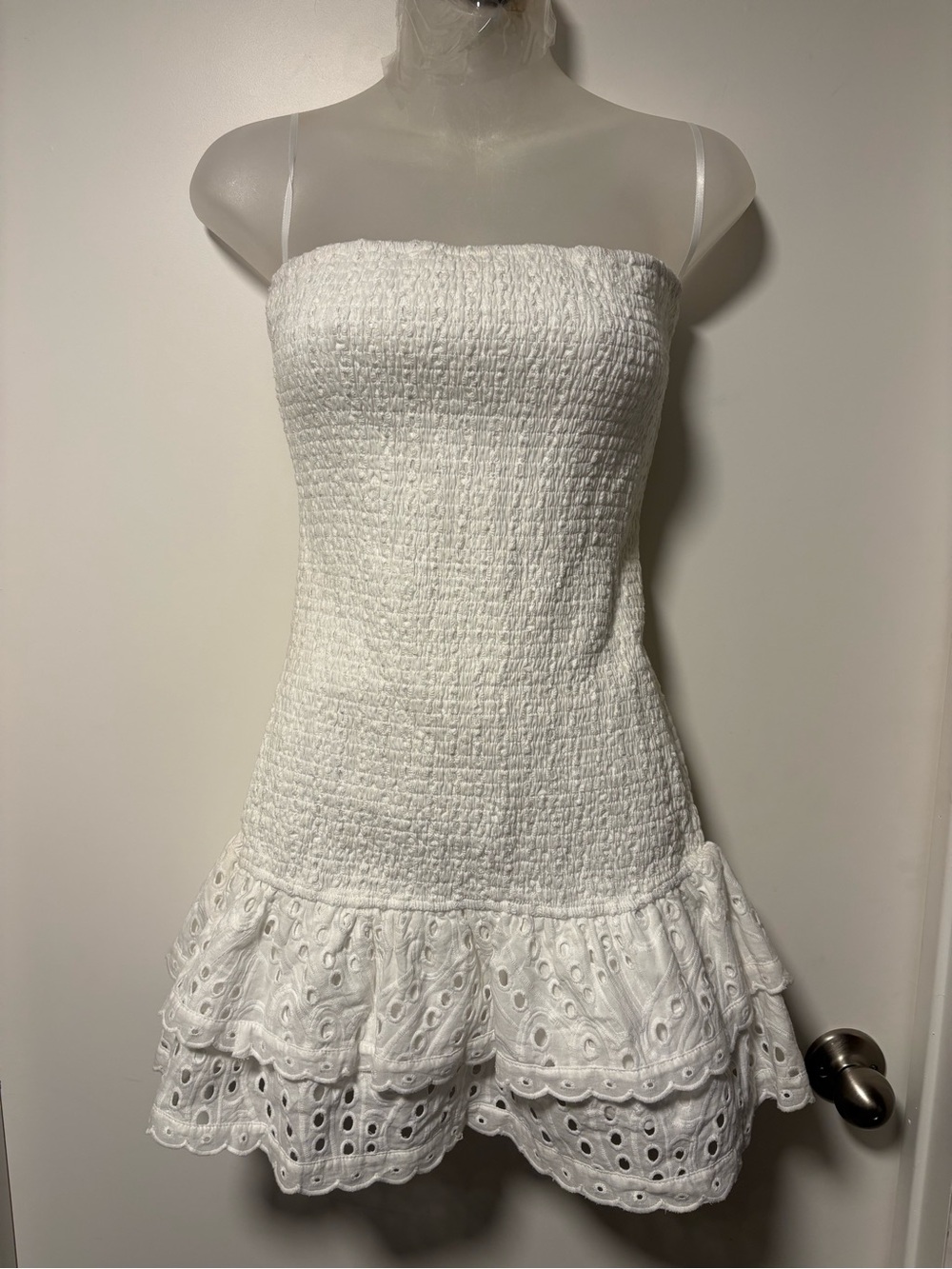 Edikted White Strapless Smocked Eyelet Ruffle Mini Dress